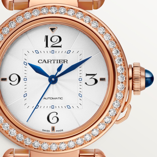 Pasha de Cartier watch 35 mm, automatic movement, rose gold, diamonds, interchangeable metal and leather straps
