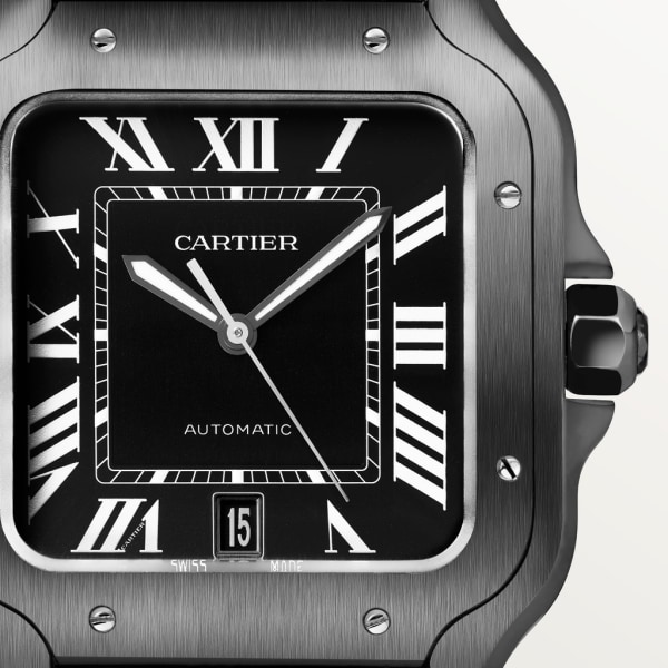 Santos de Cartier watch Large model, automatic movement, steel, ADLC, interchangeable rubber and leather bracelets