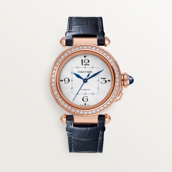 Pasha de Cartier watch 35 mm, automatic movement, rose gold, diamonds, 2 interchangeable leather straps