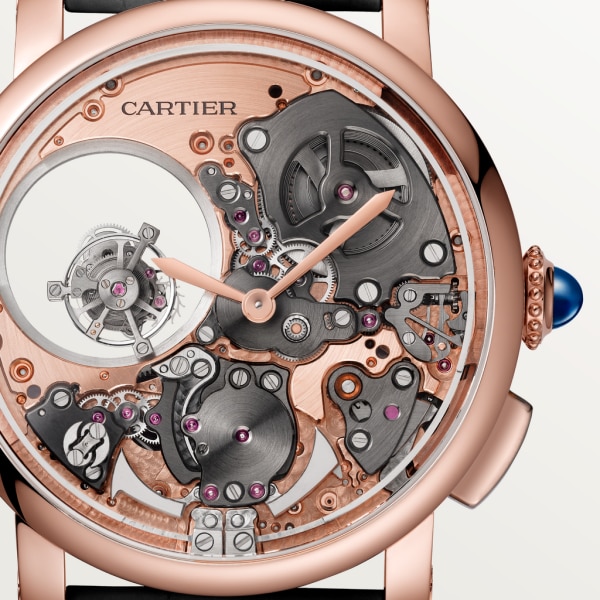 Rotonde de Cartier腕表 45毫米表款，手动上链机械机芯，18K玫瑰金，皮表带