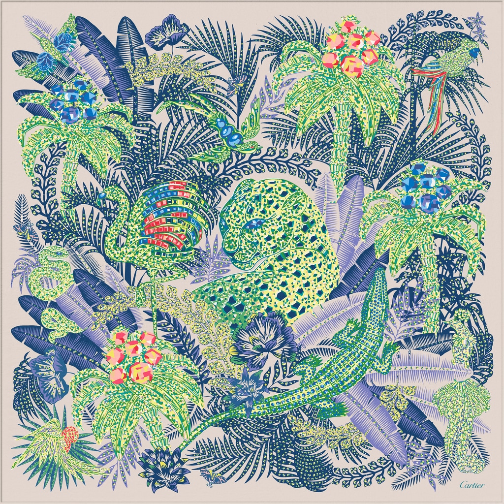 猎豹丛林图案方巾 90绿色和米色斜纹真丝