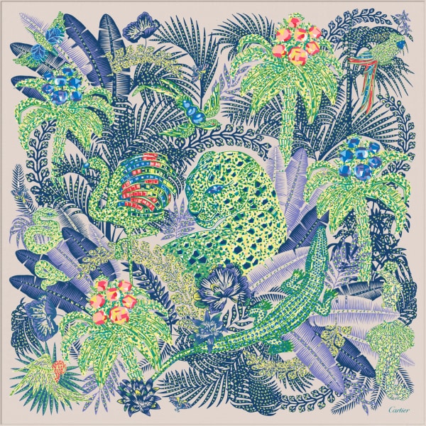 猎豹丛林图案方巾 90 绿色和米色斜纹真丝