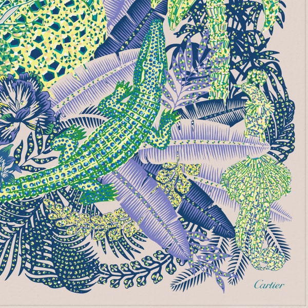 猎豹丛林图案方巾 90 绿色和米色斜纹真丝