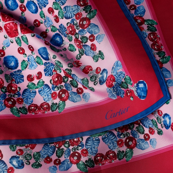 卡地亚“Tutti Frutti水果锦囊”风格方巾 90 粉红色斜纹真丝