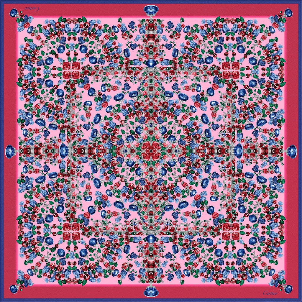 卡地亚“Tutti Frutti水果锦囊”风格方巾 90粉红色斜纹真丝