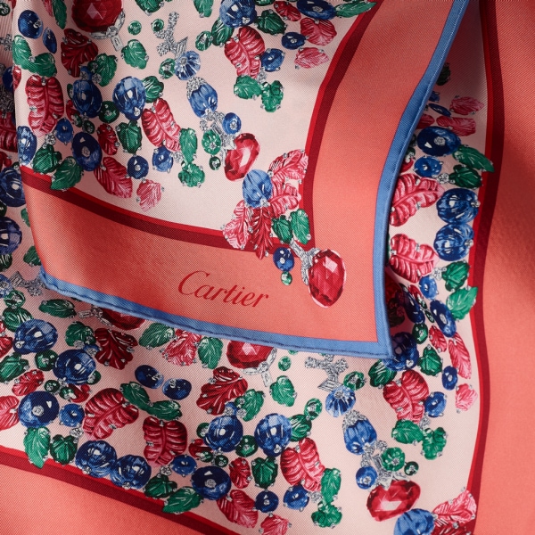 卡地亚“Tutti Frutti水果锦囊”风格方巾 90 桃红色斜纹真丝