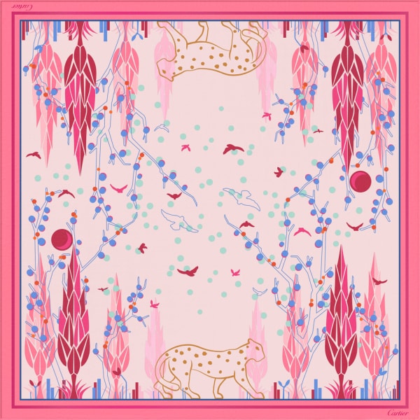 Panther Garden motif square 90 Light pink silk twill