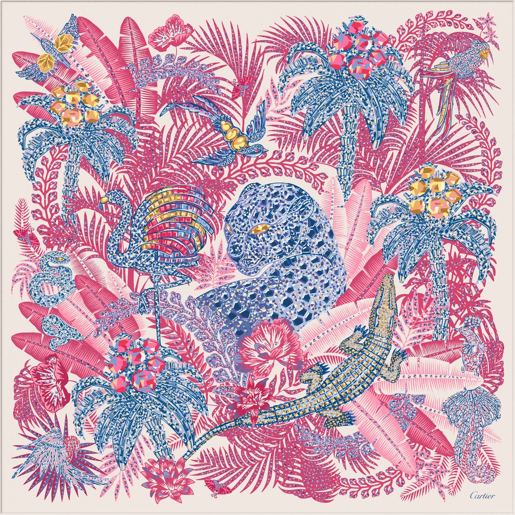 Panther Jungle motif square 90Pink and beige silk twill