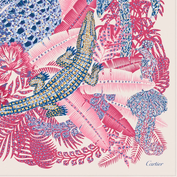 猎豹丛林图案方巾 90 粉色和米色斜纹真丝