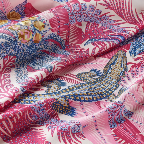 猎豹丛林图案方巾 90 粉色和米色斜纹真丝