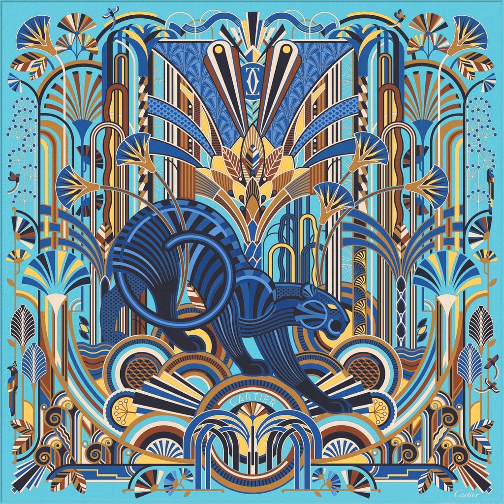 猎豹装饰艺术风格图案方巾 90浅蓝色和黄色斜纹真丝