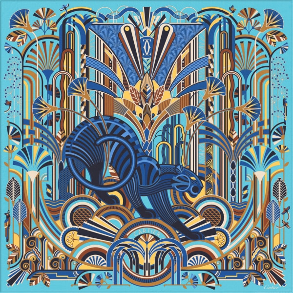 猎豹装饰艺术风格图案方巾 90 浅蓝色和黄色斜纹真丝