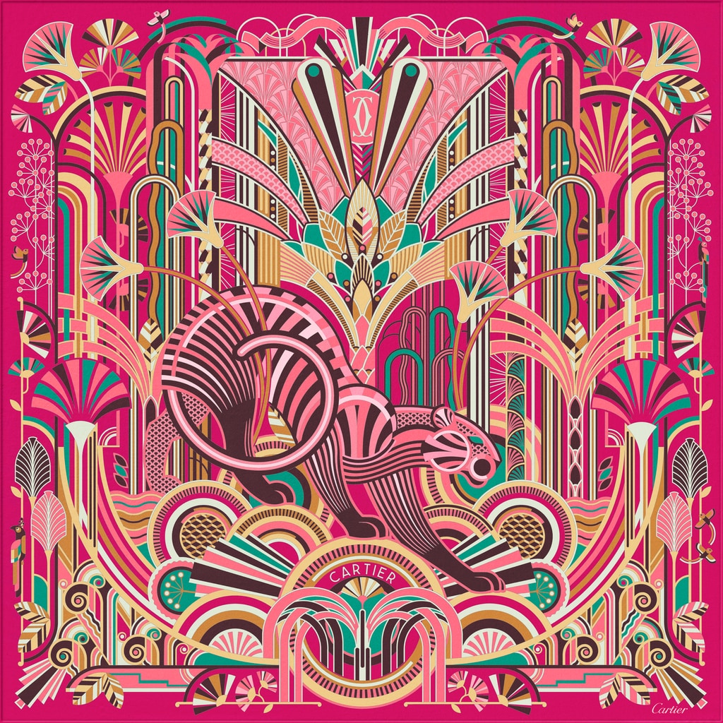 猎豹装饰艺术风格图案方巾 90紫红色和珊瑚粉色斜纹真丝