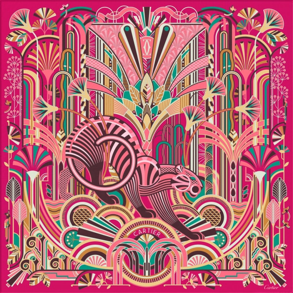 猎豹装饰艺术风格图案方巾 90 紫红色和珊瑚粉色斜纹真丝