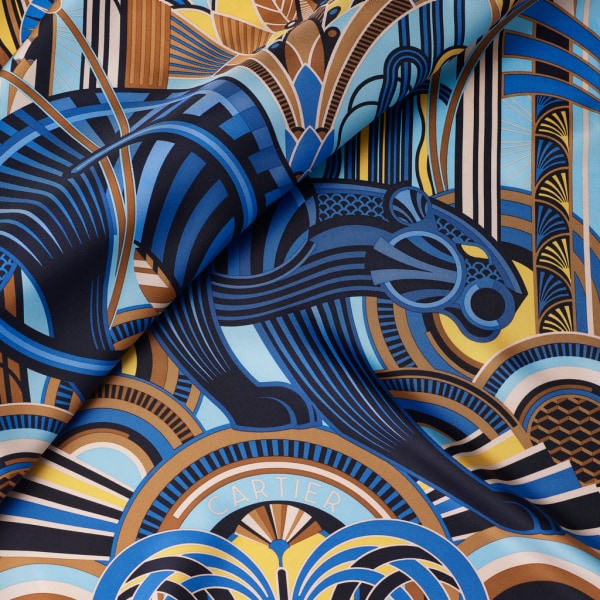 猎豹装饰艺术风格图案方巾 90 浅蓝色和黄色斜纹真丝