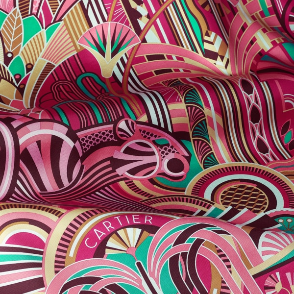 猎豹装饰艺术风格图案方巾 90 紫红色和珊瑚粉色斜纹真丝
