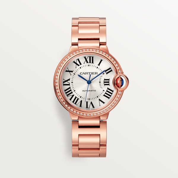 Ballon Bleu de Cartier watch 36 mm, mechanical movement with automatic winding, rose gold, diamonds