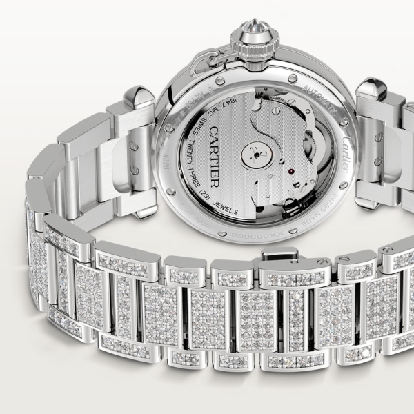 Pasha de Cartier watch 35mm, automatic movement, white gold, diamonds