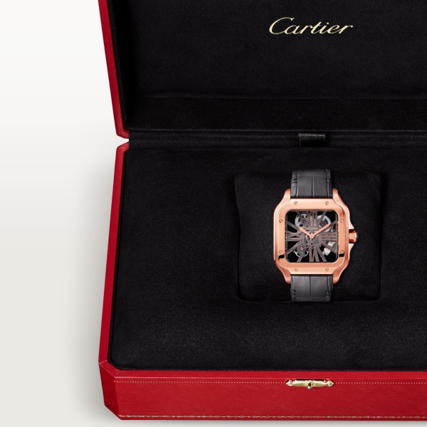 Santos de Cartier watch Large model, hand-wound mechanical movement, rose gold, leather