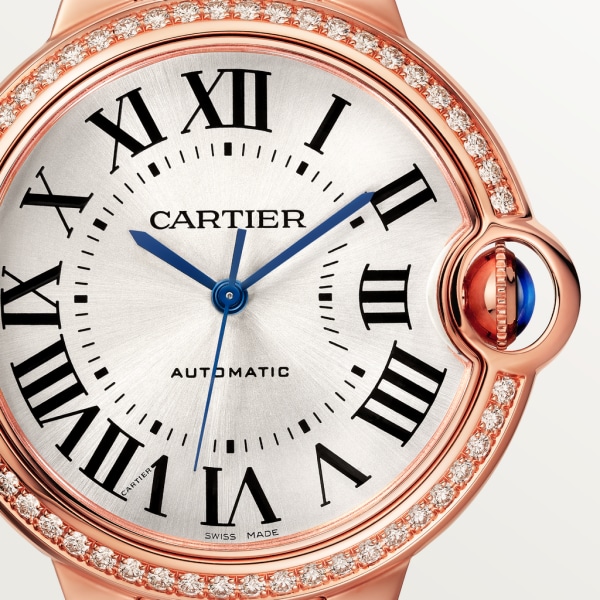 Ballon Bleu de Cartier watch 36 mm, mechanical movement with automatic winding, rose gold, diamonds