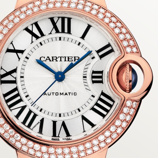 Ballon Bleu de Cartier watch 33 mm, mechanical movement with automatic winding, rose gold, diamonds