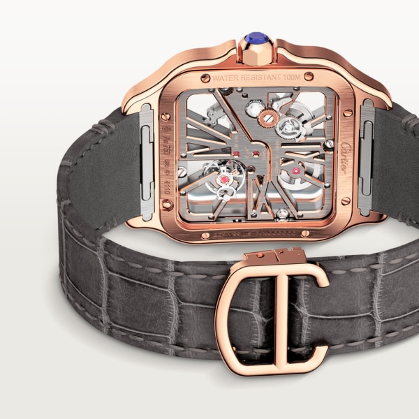 Santos de Cartier腕表 大号表款，手动上链机械机芯，18K玫瑰金，皮表带