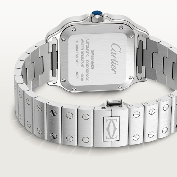 Santos de Cartier腕表 中号表款，自动上链机械机芯，精钢镶钻，蓝色表盘，可替换式金属表链和皮表带