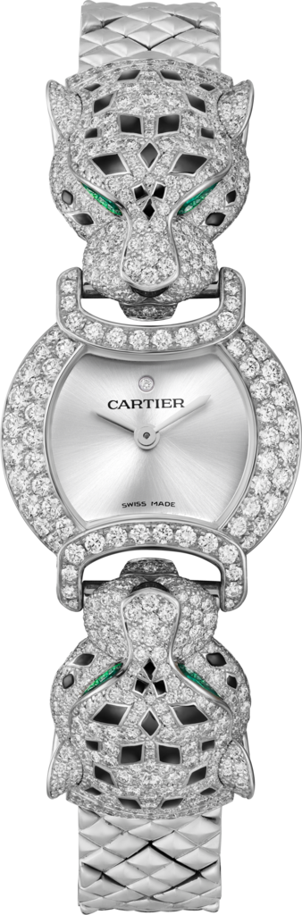 La Panthère de Cartier 腕表22.2 毫米，石英机芯，镀铑白金，钻石，祖母绿，金属表链