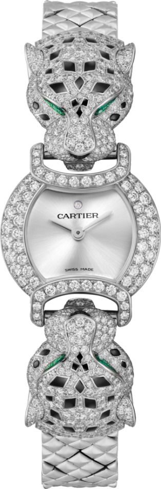 La Panthère de Cartier 腕表 22.2 毫米，石英机芯，镀铑白金，钻石，祖母绿，金属表链