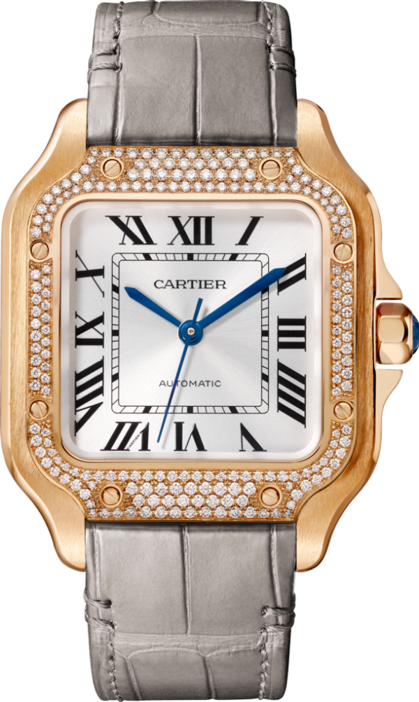 Santos de Cartier watch Medium model, automatic movement, rose gold, diamonds, 2 interchangeable leather bracelets