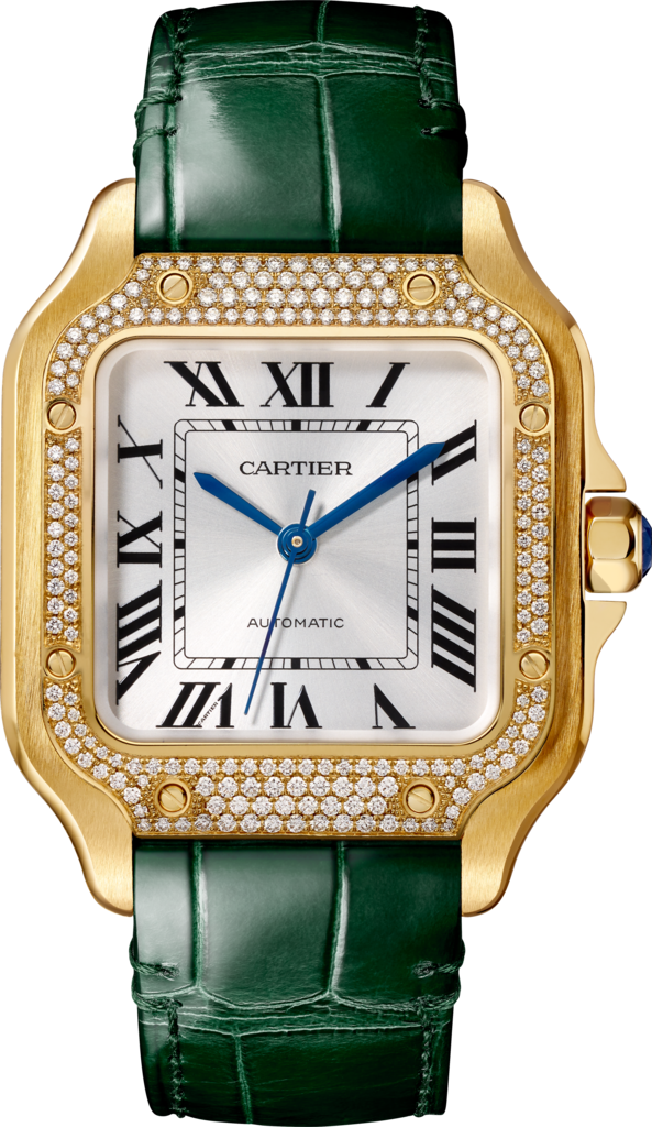 Santos de Cartier腕表中号表款，自动机芯，18K黄金，钻石，两条可替换式皮表带