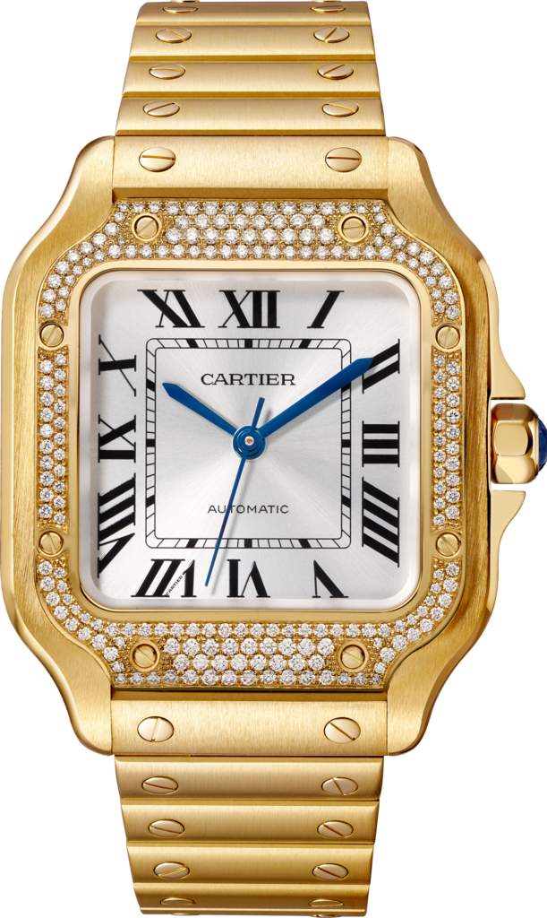Santos de Cartier腕表中号表款，自动机芯，18K黄金，钻石，可替换式金属表链与皮表带