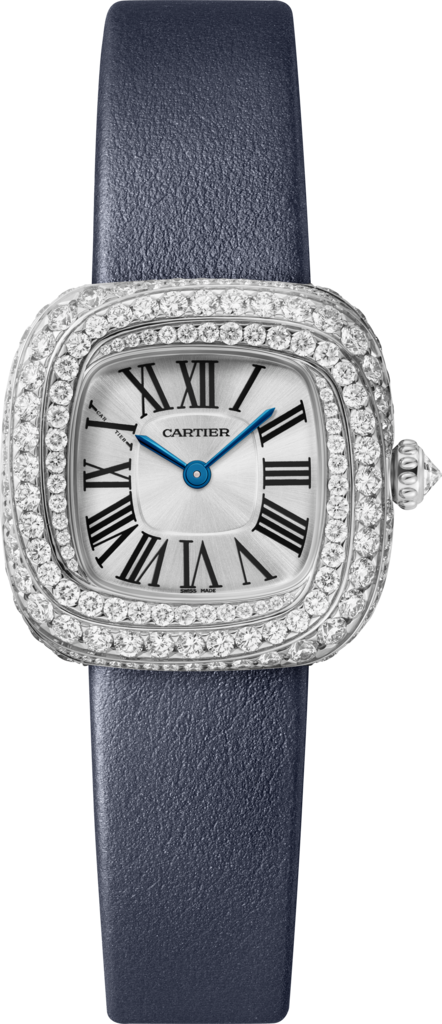 Coussin de Cartier腕表小号表款，石英机芯，镀铑白金，钻石，皮表带