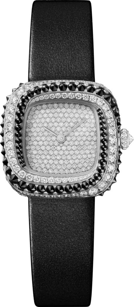 Coussin de Cartier腕表小号表款，石英机芯，镀铑白金，钻石，尖晶石，皮表带