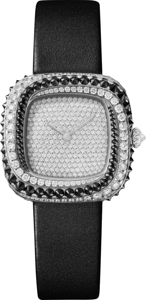 Coussin de Cartier腕表中号表款，石英机芯，镀铑白金，钻石，尖晶石，皮表带