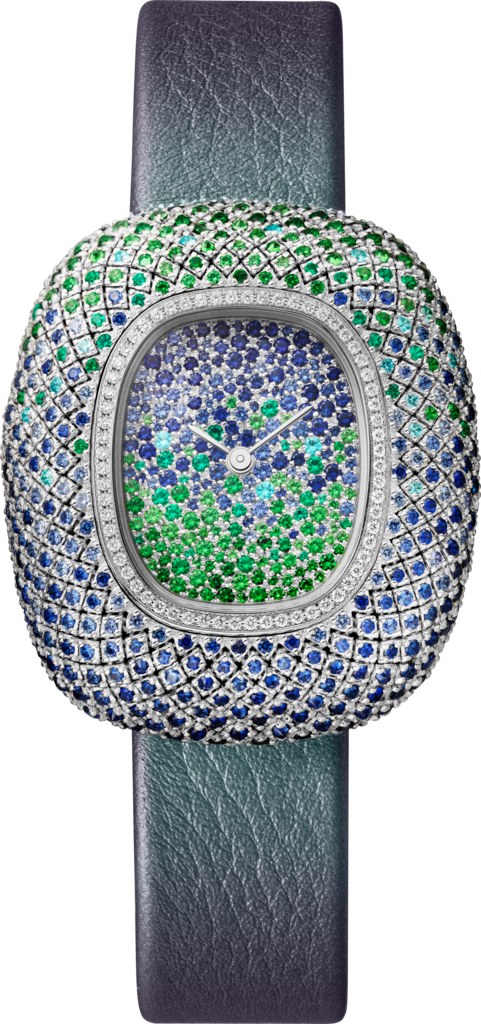 Coussin de Cartier watchMedium model, quartz movement, rhodium-finish white gold, diamonds, sapphires, tsavorites, emeralds, tourmalines, leather