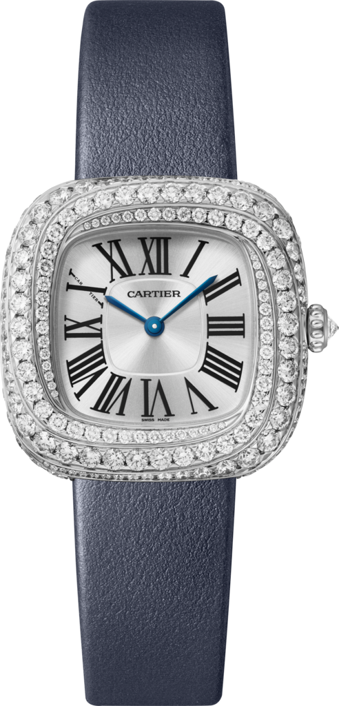 Coussin de Cartier腕表中号表款，石英机芯，镀铑白金，钻石，皮表带
