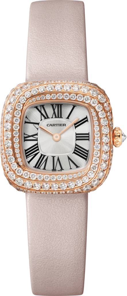 Coussin de Cartier腕表小号表款，石英机芯，玫瑰金，钻石，皮表带