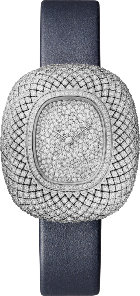 Coussin de Cartier watchMedium model, quartz movement, rhodium-finish white gold, diamonds, leather