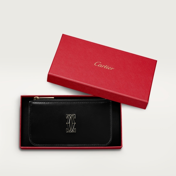 Zipped card holder, C de Cartier Black calfskin, gold and black enamel finish