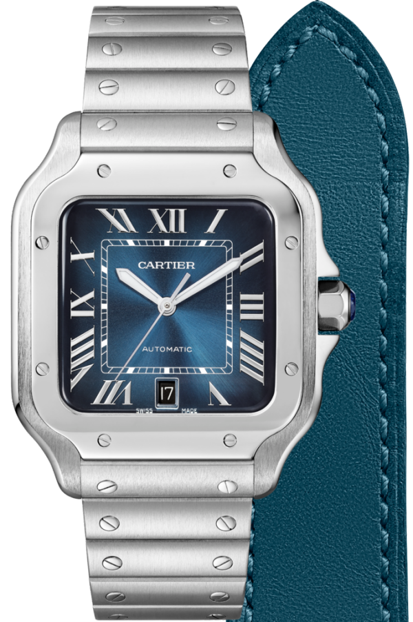 Santos de Cartier watch Large model, automatic movement, steel, interchangeable metal and leather bracelets