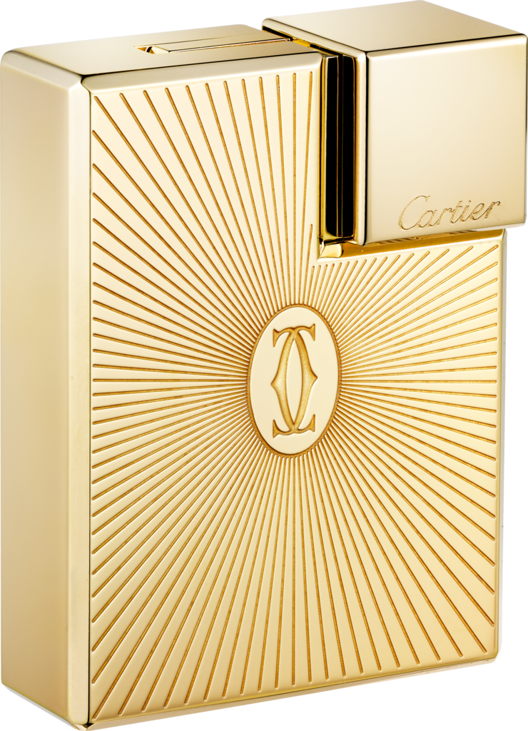 Double C de Cartier标识方形打火机，阳光射线纹饰图案，黄金饰面金属，黄金饰面