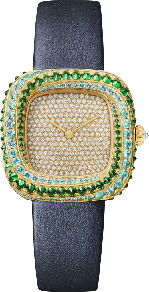 Coussin de Cartier腕表中号表款，石英机芯，黄金，钻石，碧玺，沙弗莱石，皮表带