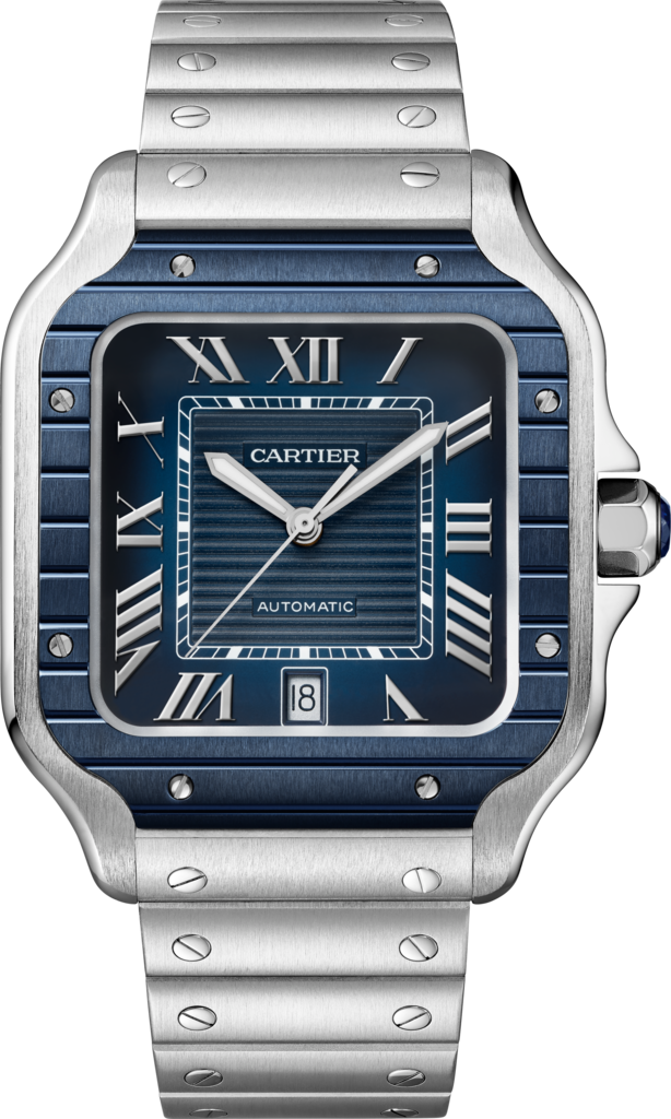 Santos de Cartier腕表大号表款，自动上链机械机芯，精钢，PVD涂层，可替换式金属表链和橡胶表带