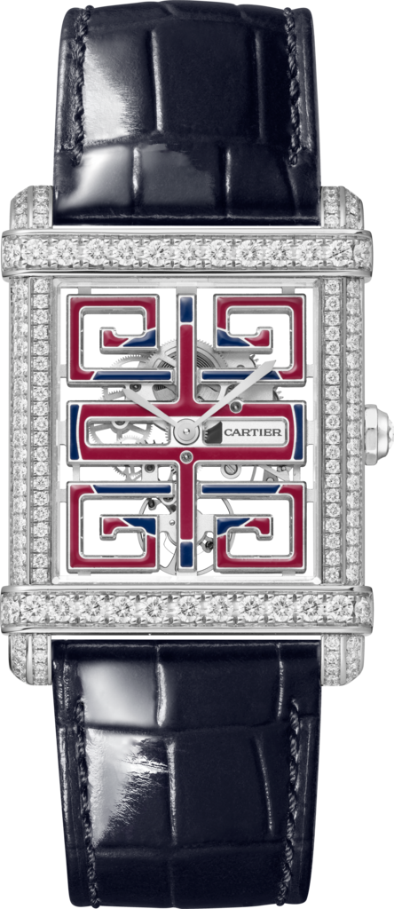 Tank Chinoise 腕表大号表款，手动上链镂空机械机芯，铂金，钻石，皮表带