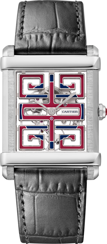 Tank Chinoise 腕表大号表款，手动上链镂空机械机芯，铂金，皮表带