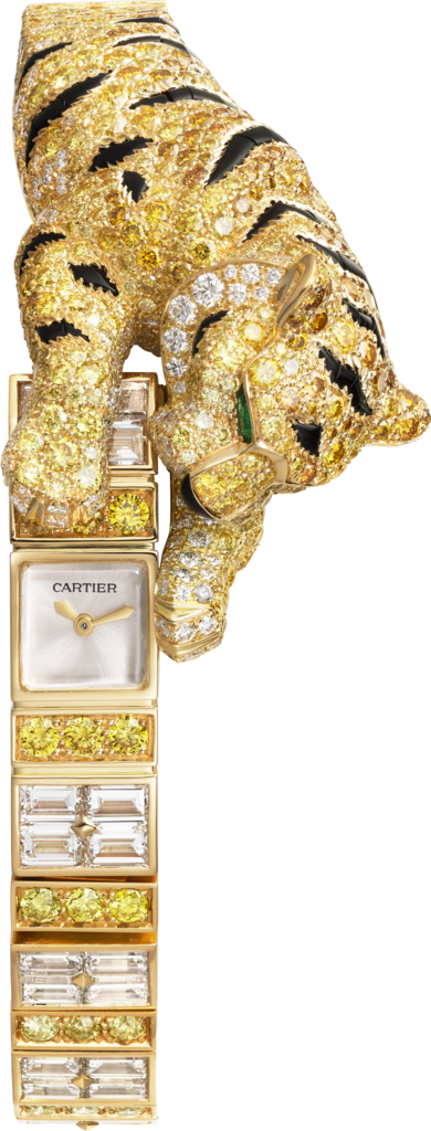 Joaillère Panthère 腕表26.98 毫米 x 8 毫米，手动上链机械机芯，黄金，钻石，祖母绿，缟玛瑙