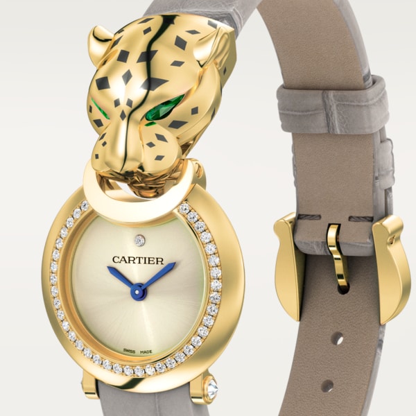 La Panthère de Cartier watch Small model, quartz movement, yellow gold, diamonds, tsavorites, lacquer, leather