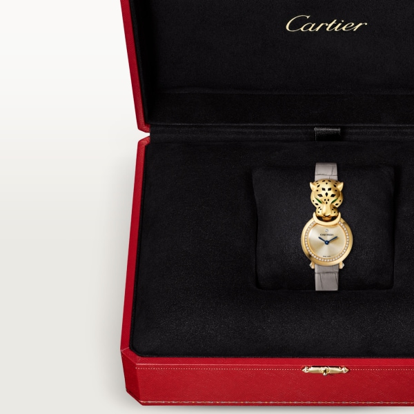 La Panthère de Cartier 腕表 小号表款，石英机芯，18K黄金，钻石，沙弗莱石，亮漆，皮表带