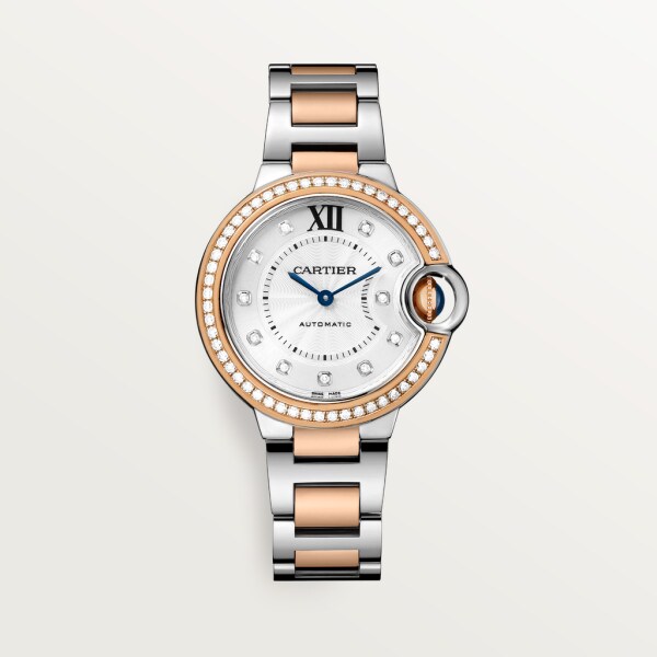 Ballon Bleu de Cartier watch 33 mm, mechanical movement with automatic winding, rose gold, steel, diamonds